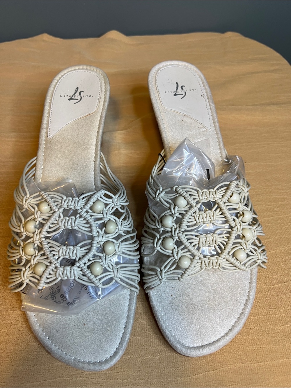 Life Stride Ivory Macramé Beaded Slide Mules